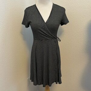 Black and white striped faux wrap dress